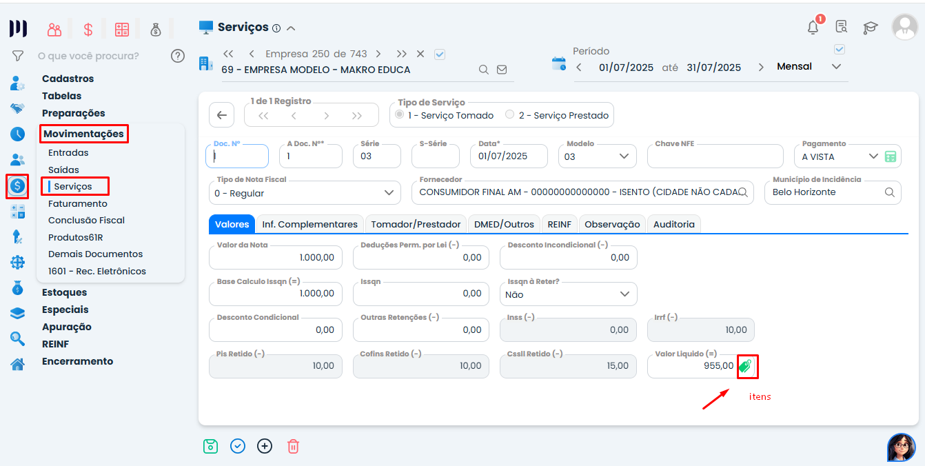 Tela de lançamento de serviços no Sistema Contábil Makro destacando o acesso aos itens da nota para configurar o Evento R-4020 na EFD-Reinf.