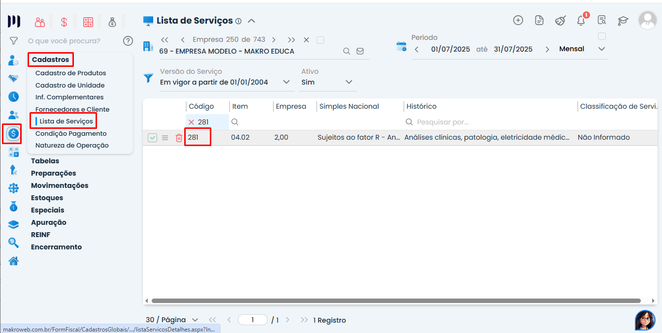 Lista de serviços no Sistema Contábil Makro destacando o código da atividade utilizada na configuração do Evento R-4020 na EFD-Reinf.