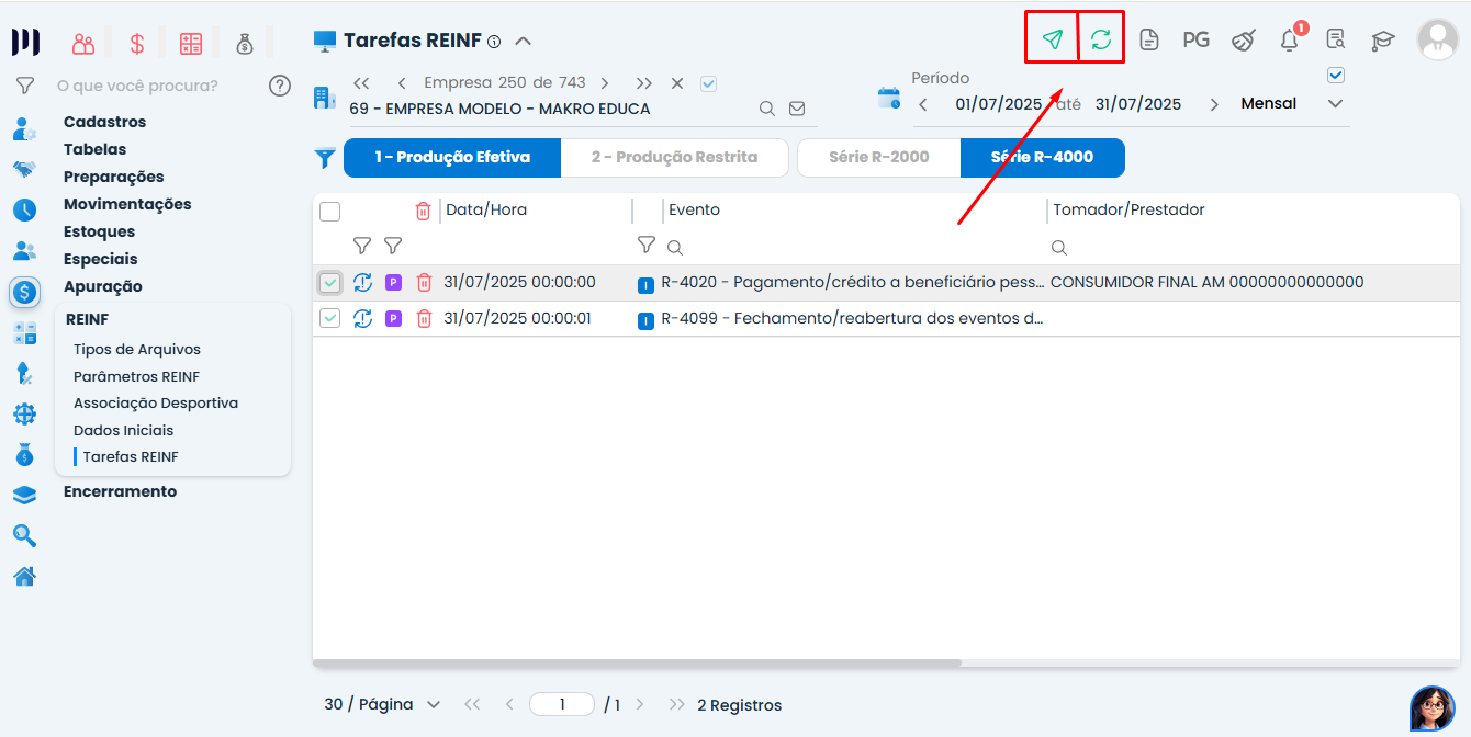 Tela de Tarefas REINF no Sistema Contábil Makro destacando os botões de enviar e atualizar o Evento R-4020 na EFD-Reinf.