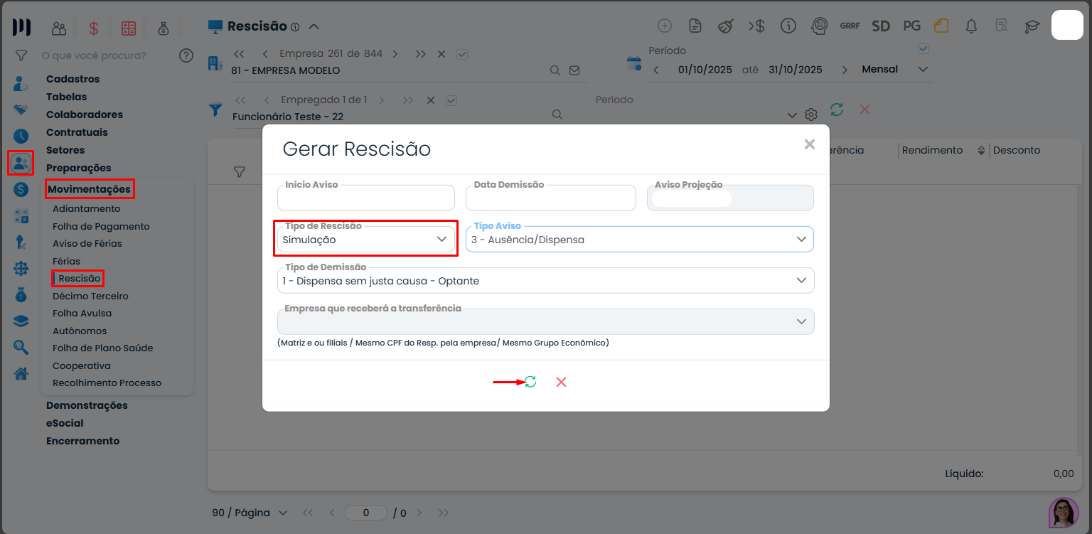 Janela Gerar Rescisão do Sistema Contábil Makro com o tipo de rescisão definido como Simulação, permitindo conferir os valores da Simulação de rescisão.