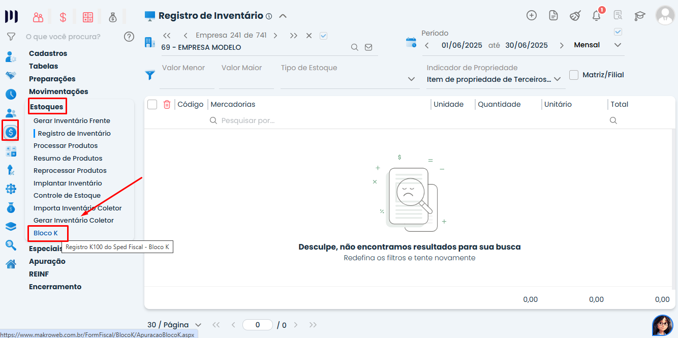 Tela do Sistema Contábil Makro mostrando o menu Estoques com a opção Bloco K habilitada para o controle de produção e estoque na Habilitação do Bloco K.