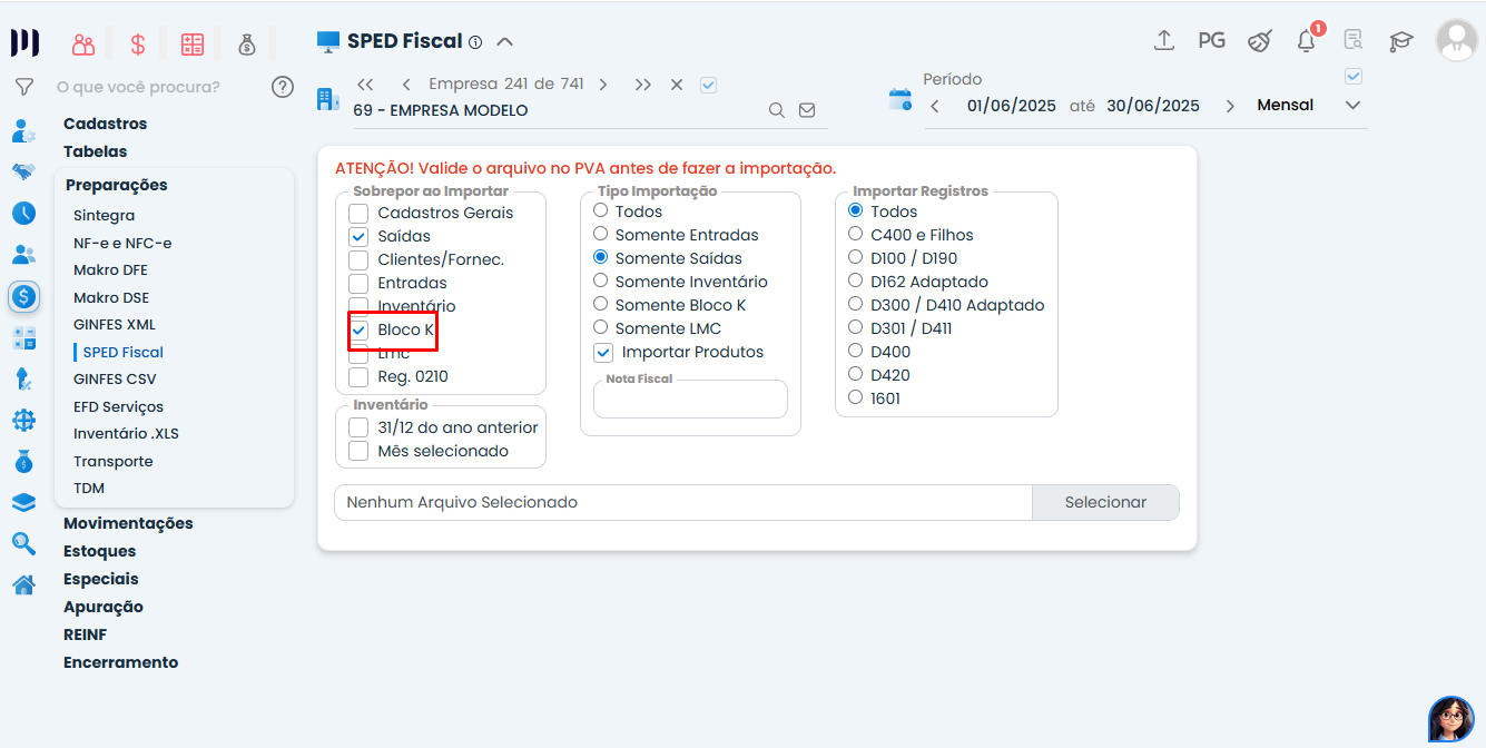 Tela do Sistema Contábil Makro apresentando a importação do SPED Fiscal com a opção Bloco K selecionada para a Habilitação do Bloco K.