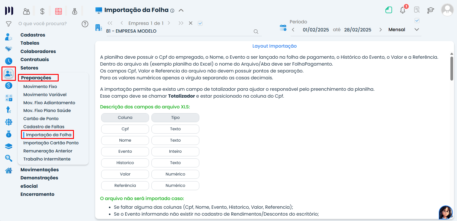 Tela de Importação de folha de pagamento no Sistema Contábil Makro, exibindo o menu Preparações e o layout do arquivo XLS para importação.