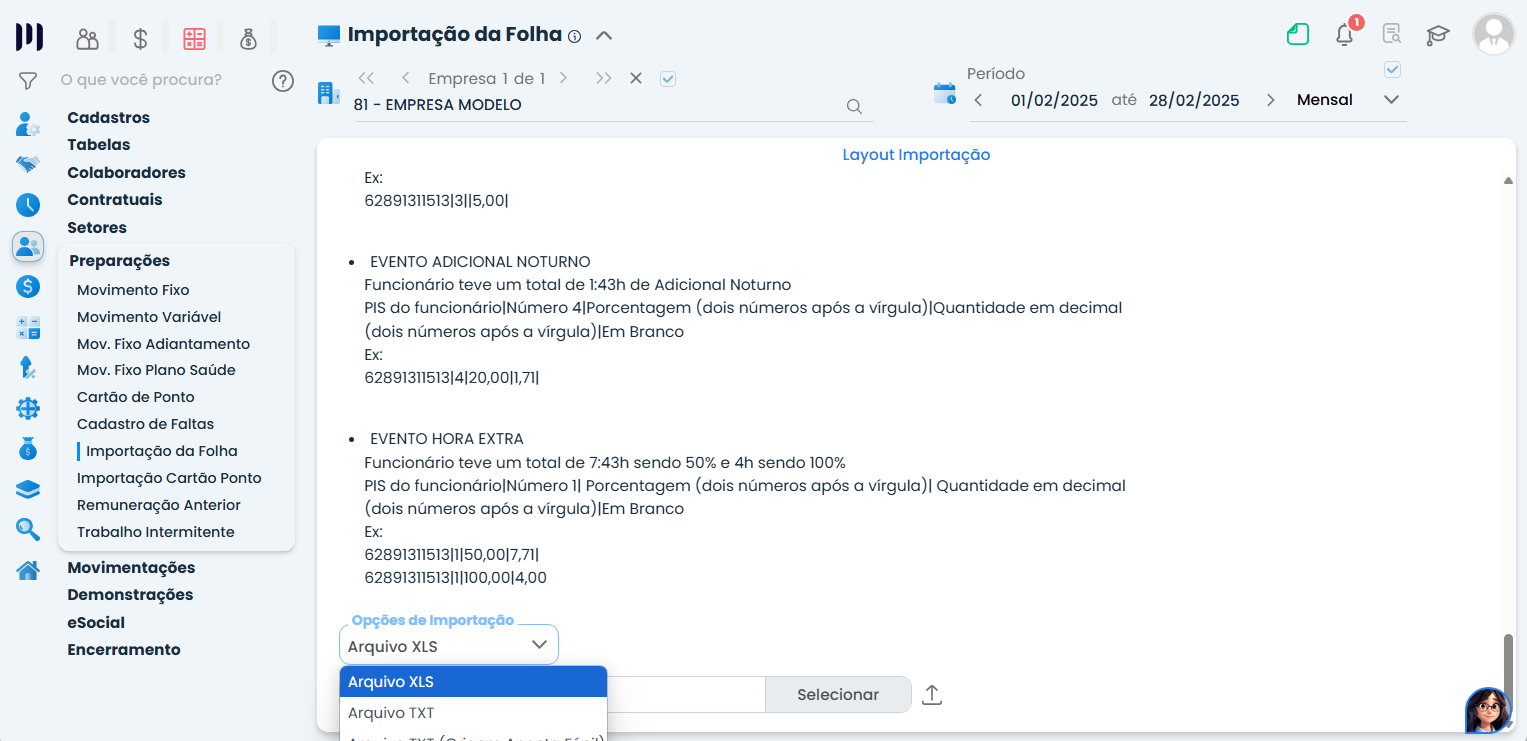 Tela de Importação de folha de pagamento no Sistema Contábil Makro, mostrando a seleção do tipo de arquivo XLS ou TXT para importar dados.