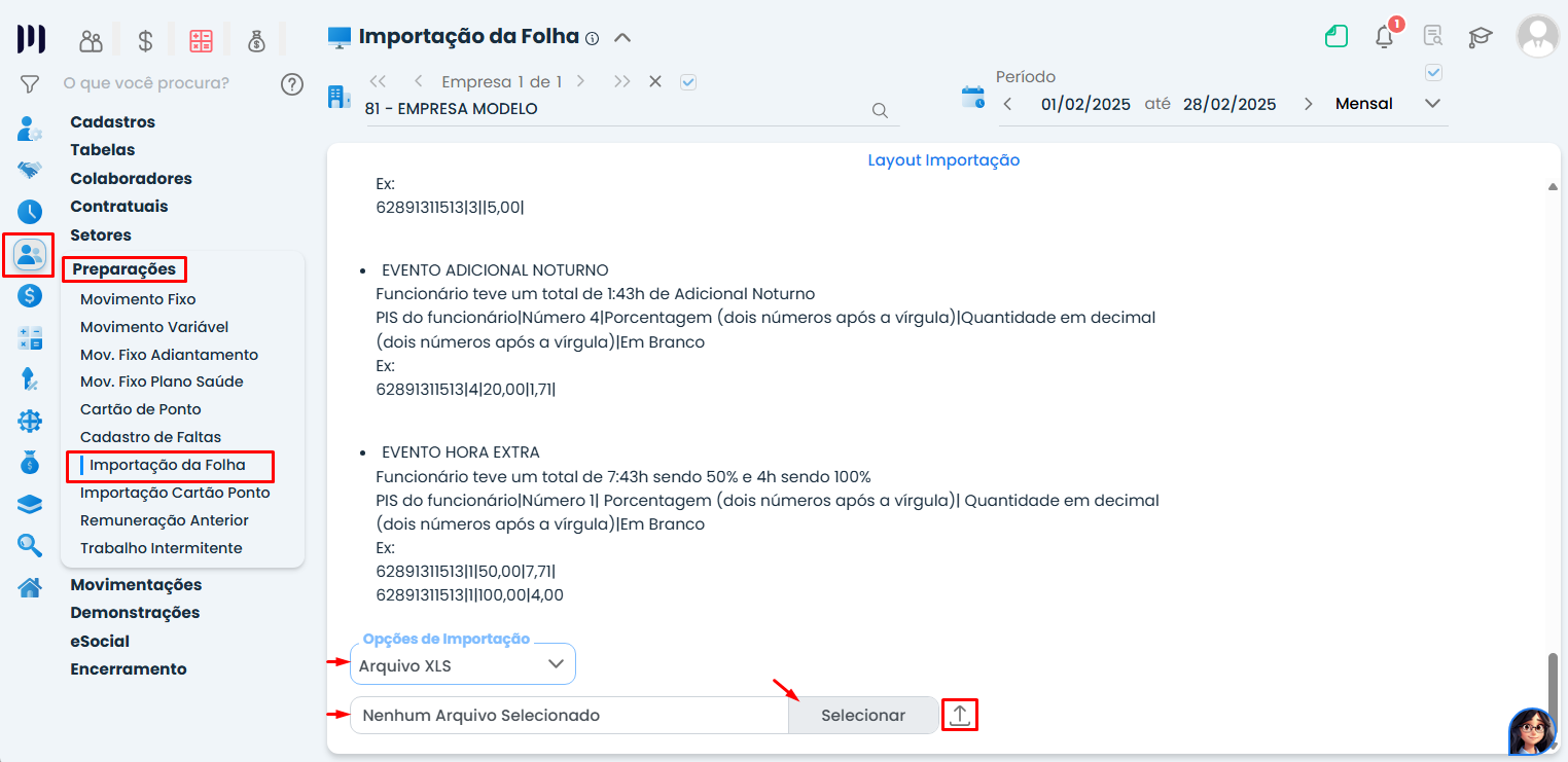 Tela de Importação de folha de pagamento no Sistema Contábil Makro, destacando o menu, a seleção do arquivo e o ícone para iniciar a importação.