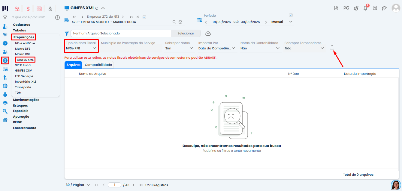 Tela do módulo GINFES XML no Sistema Contábil Makro exibindo a configuração para Importação de NFSe com seleção de NFSe RFB e menu Fiscal destacado.