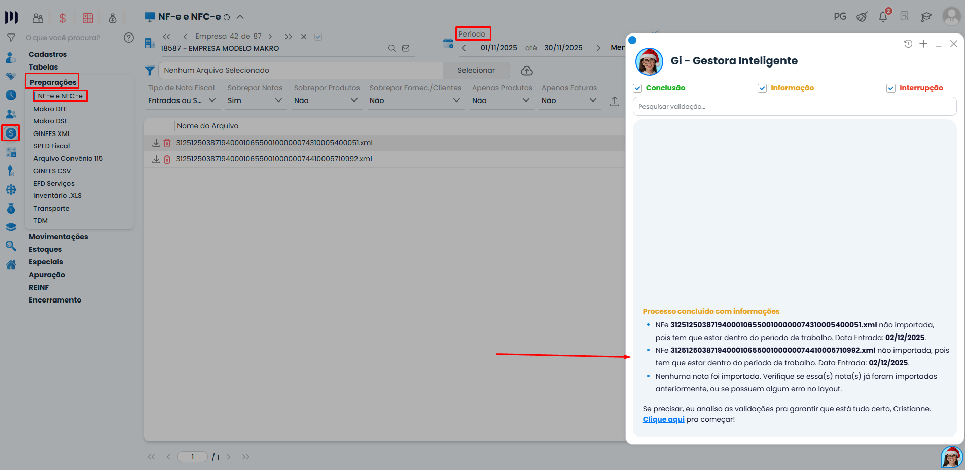 Tela do Sistema Contábil Makro exibe erro ao importar XML por divergência de período, orientando a correção da Nota fiscal no período corrente.