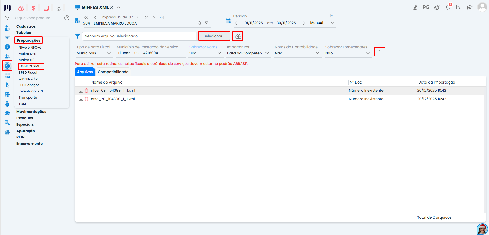 Tela do Sistema Contábil Makro exibindo a importação de Nota Fiscal de Serviço, com seleção do XML e envio do arquivo para processamento.