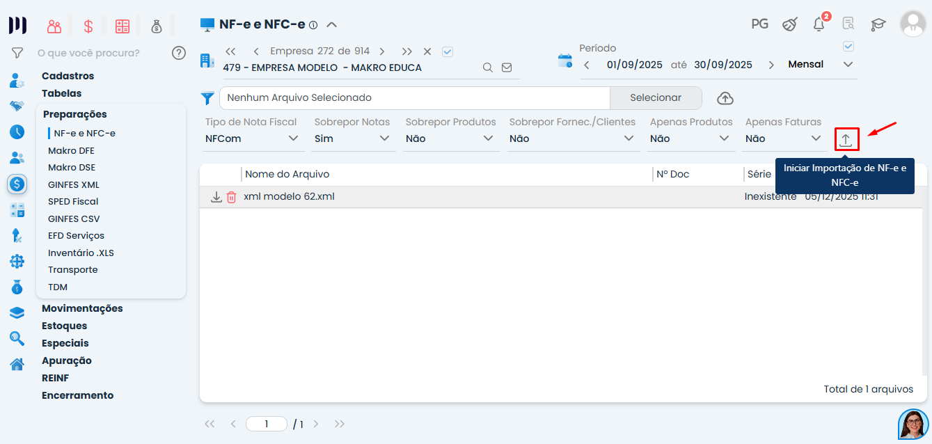 Sistema Contábil Makro apresentando a opção para iniciar a importação de NFCom (62) após o envio do arquivo XML, com ação destacada.