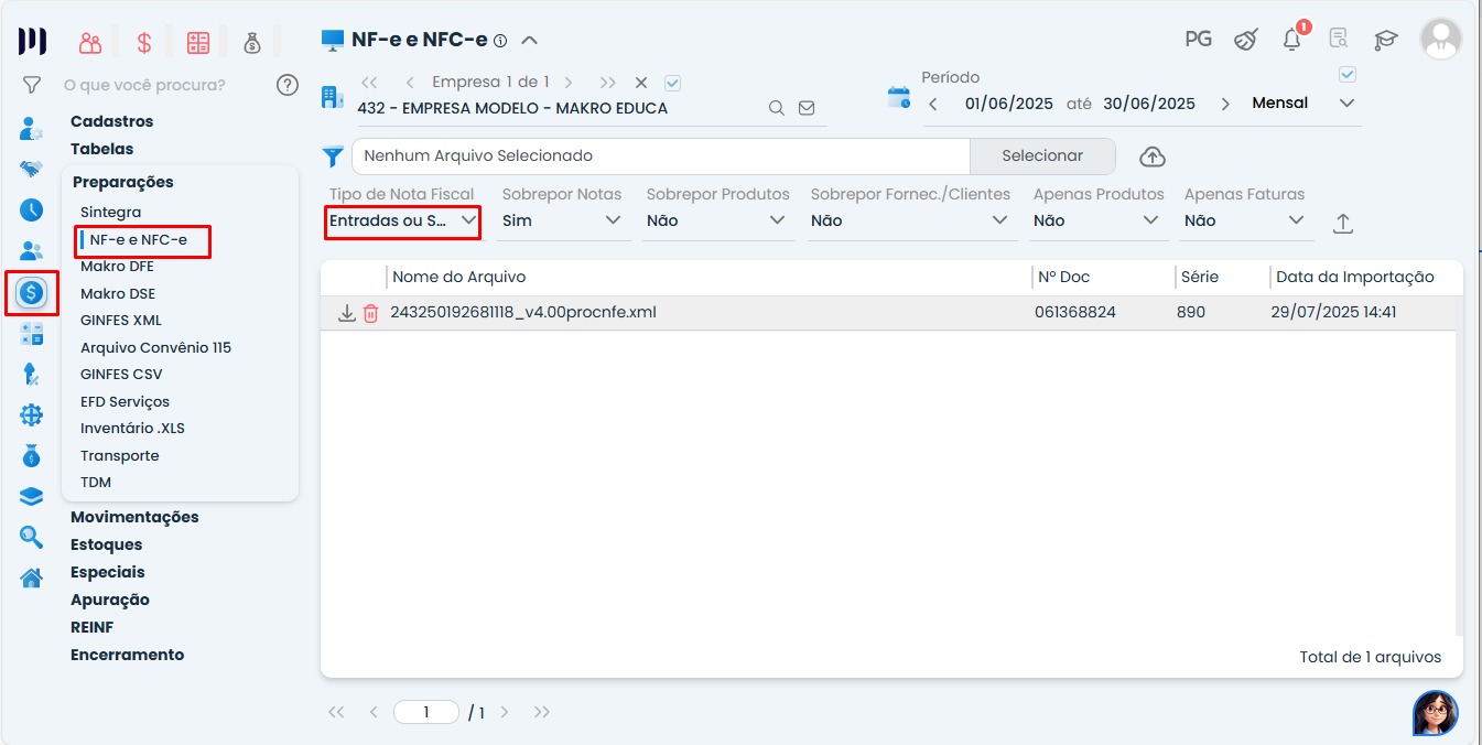Tela do Sistema Contábil Makro mostrando a importação do XML da NF-e autorizada para o processo de Nota Fiscal Cancelada.