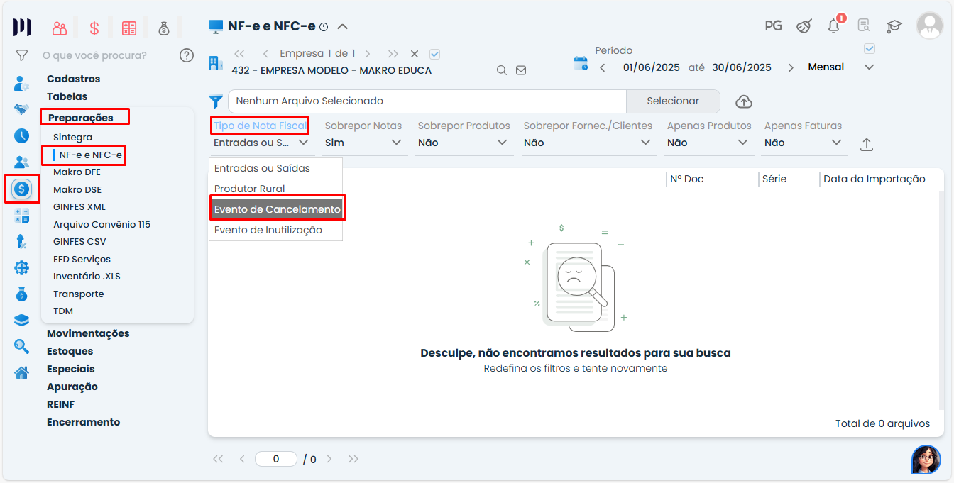 Tela do Sistema Contábil Makro com a opção Evento de Cancelamento selecionada para importar o XML da Nota Fiscal Cancelada.