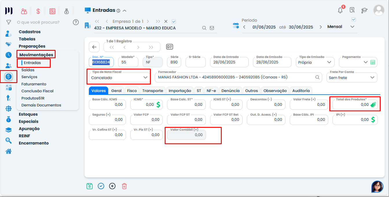 Tela do Sistema Contábil Makro exibindo a Nota Fiscal Cancelada nas movimentações, com status Cancelado e valores zerados.