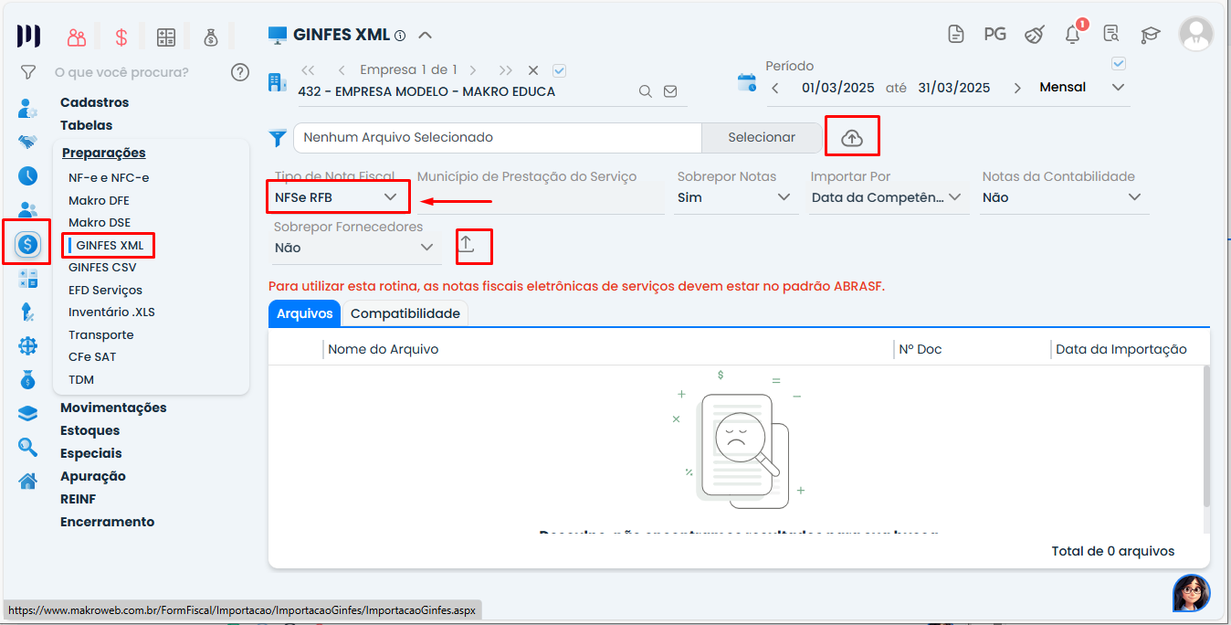 Tela de importação GINFES XML no Sistema Contábil Makro com a opção NFSe RFB selecionada para importar Notas Fiscais de Serviços.