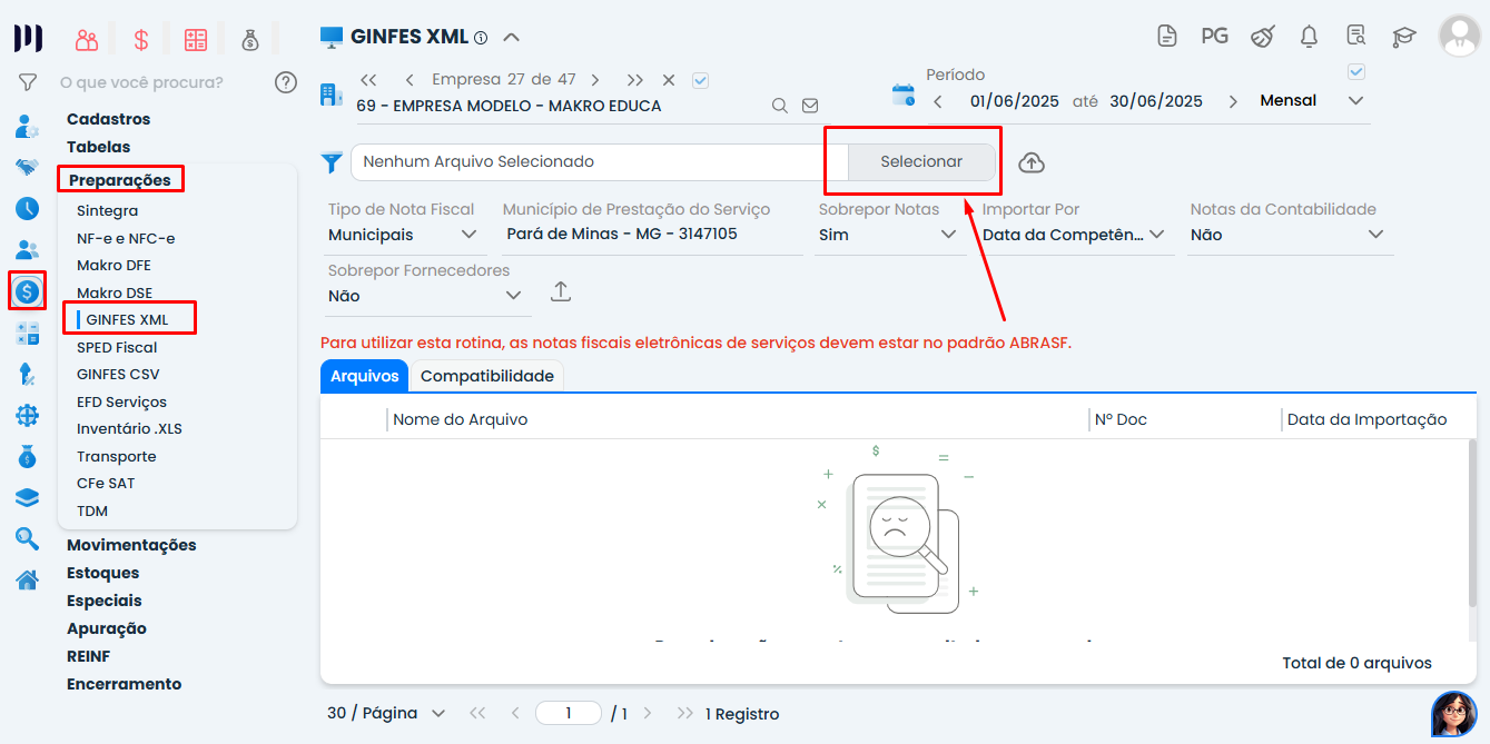 Tela do Sistema Contábil Makro destacando o botão Selecionar para carregar o XML na Importação de Notas Fiscais de Serviços.