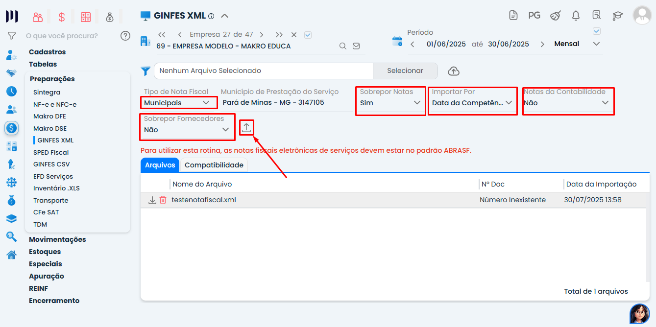 Tela do Sistema Contábil Makro com opções de configuração para a Importação de Notas Fiscais de Serviços antes da importação.