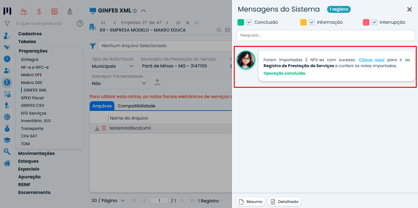 Tela de mensagens do Sistema Contábil Makro confirmando o sucesso da Importação de Notas Fiscais de Serviços realizada pelo sistema.