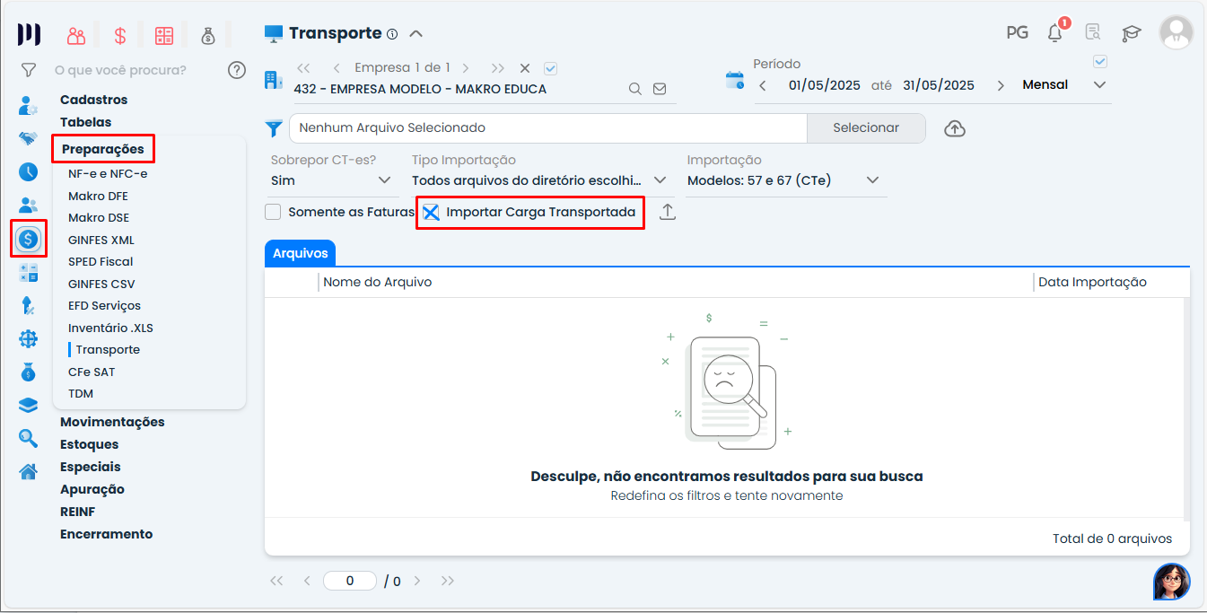 Tela do Sistema Contábil Makro destacando a opção Importar Carga Transportada em Preparações > Transporte para realizar a Inclusão da Carga Transportada.