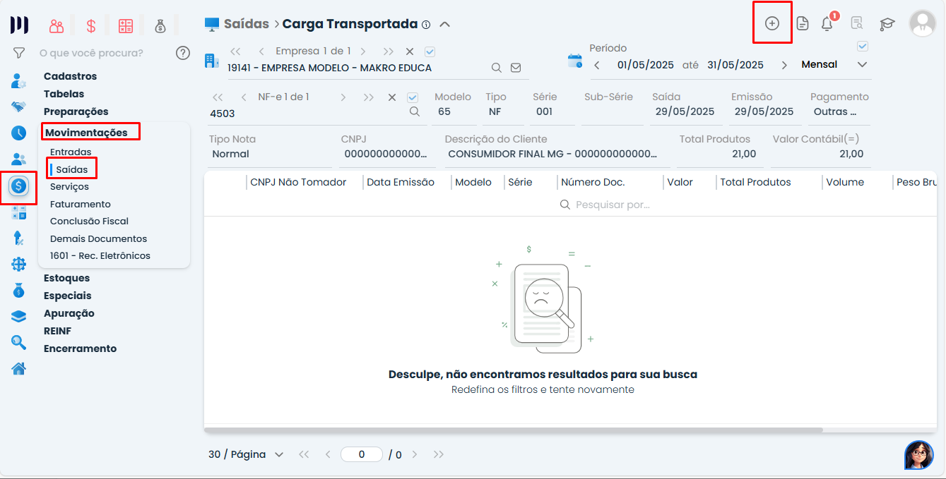 Tela de Carga Transportada do Sistema Contábil Makro destacando o botão de inclusão para cadastrar manualmente dados da Inclusão da Carga Transportada.