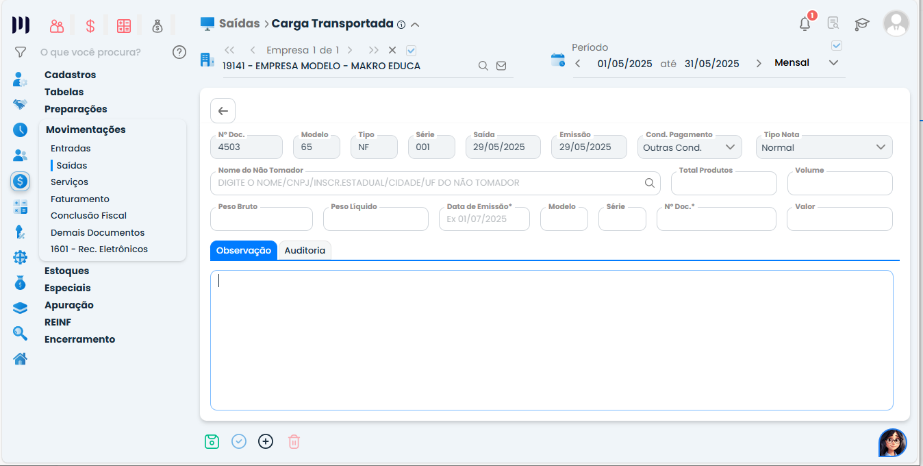 Formulário de Carga Transportada no Sistema Contábil Makro para preencher emissão, valores e documento na Inclusão da Carga Transportada.