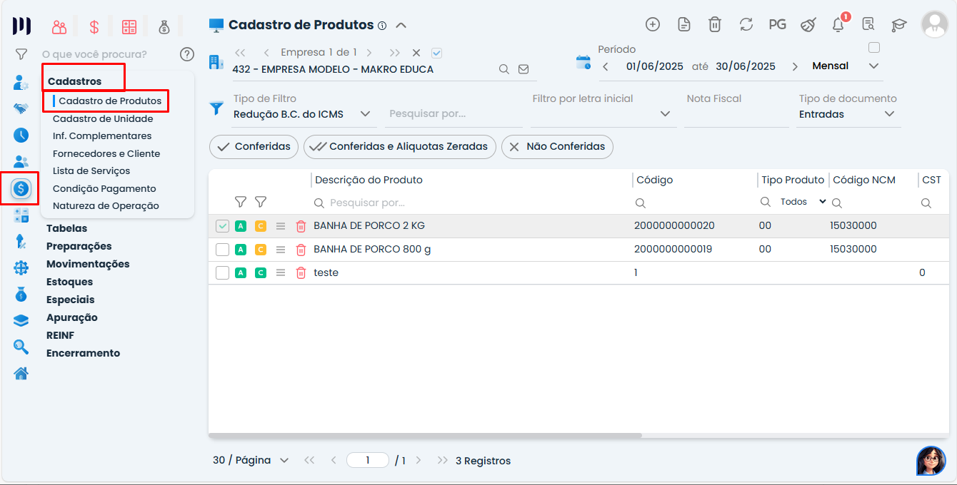 Tela do Sistema Contábil Makro destacando o caminho Fiscal > Cadastro > Cadastro de Produtos para acessar o Registro 1400 no SPED Fiscal.