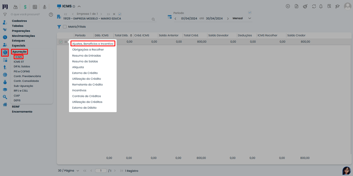 Menu de Apuração do ICMS no Sistema Contábil Makro destacando a opção Ajustes, Benefícios e Incentivo para informar Alíquota na apuração do ICMS.