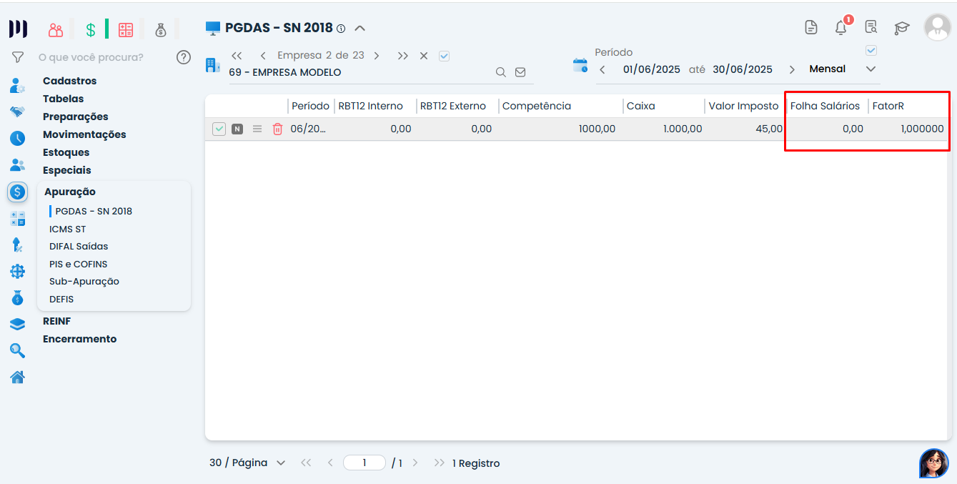 Tela do PGDAS SN 2018 no Sistema Contábil Makro exibindo os campos Folha Salários e Fator R para conferência do Cálculo do Fator R.