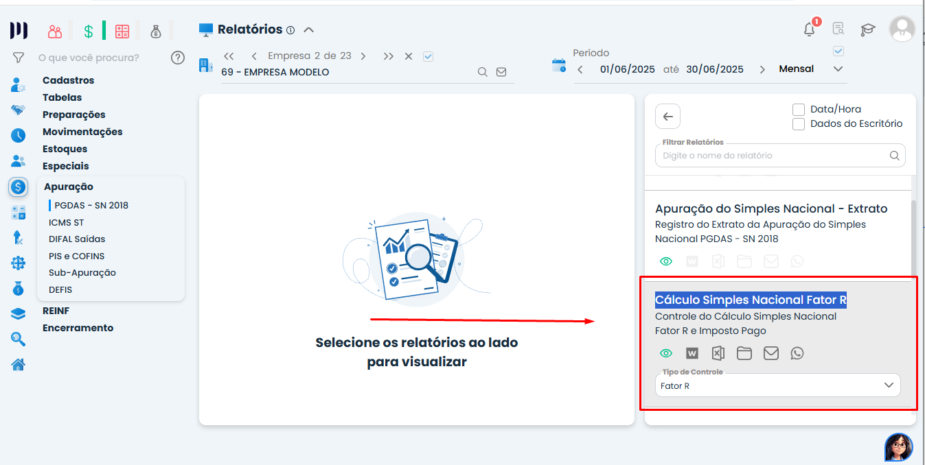 Tela de Relatórios do Sistema Contábil Makro destacando o relatório Cálculo Simples Nacional Fator R para conferência do Cálculo do Fator R.