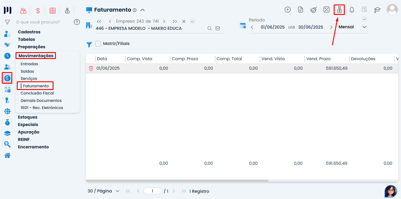 Interface do Sistema Contábil Makro destacando o menu Fiscal > Movimentações > Faturamento para o Lançamento do RBT12 no Simples Nacional.
