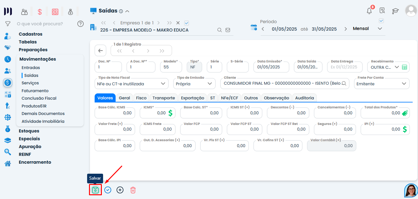 Tela do Sistema Contábil Makro destacando o botão Salvar para concluir o lançamento manual de nota fiscal inutilizada no sistema.