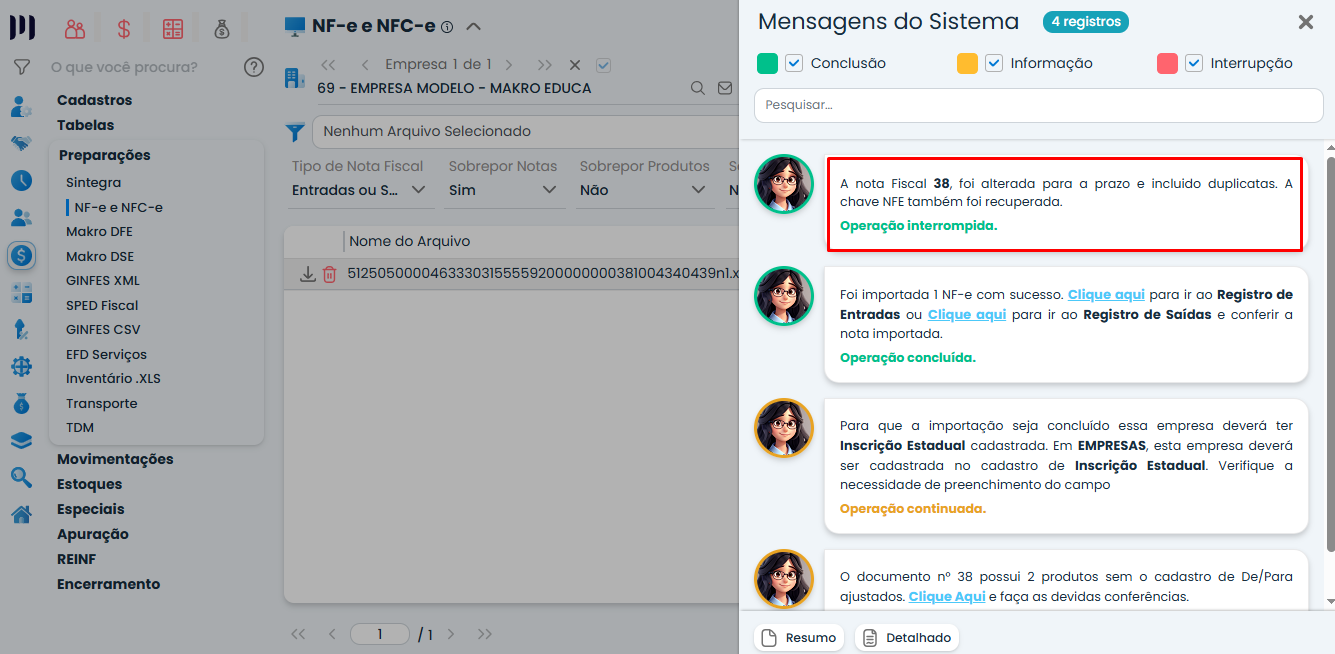 Tela do Sistema Contábil Makro com mensagens da reimportação de Notas Fiscais com Importação parcial, apresentando avisos e confirmação do processamento da NF-e.