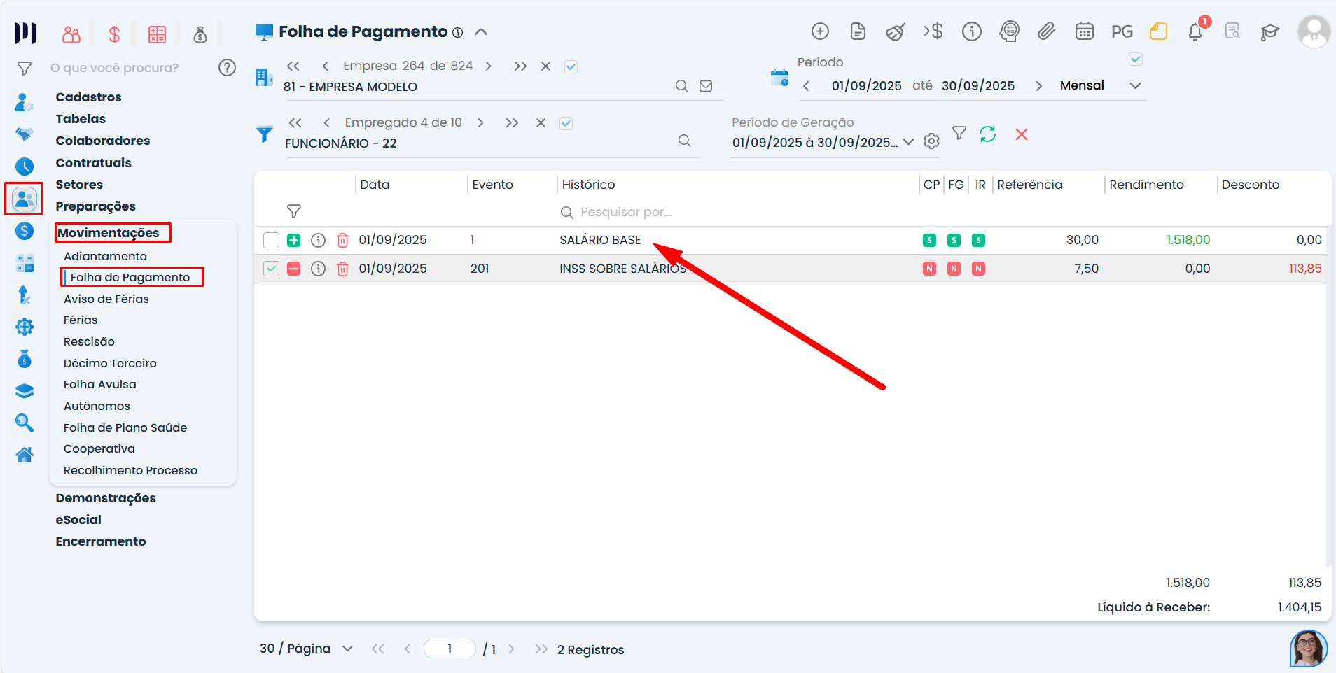Tela da folha de pagamento no Sistema Contábil Makro mostrando o evento de salário para Parametrização para pagamento de dia trabalhado.