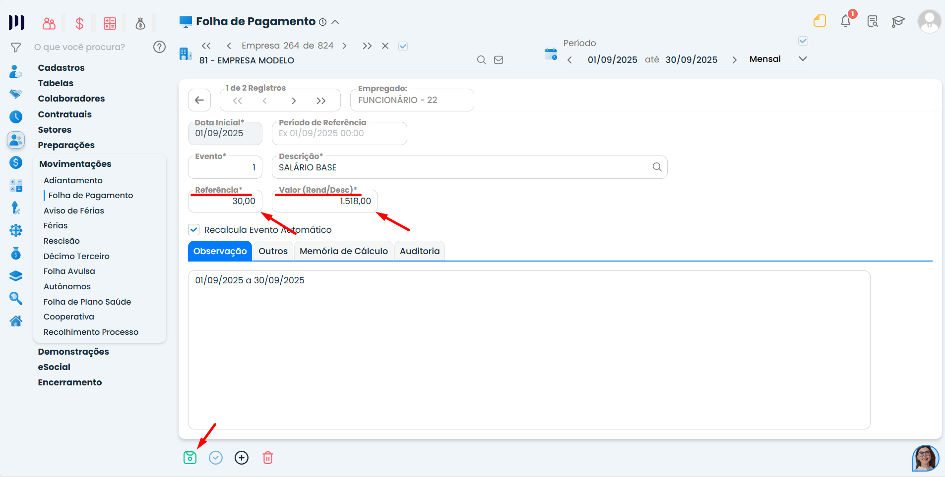 Edição do evento Salário Base no Sistema Contábil Makro para ajustar referência e valor na Parametrização para pagamento de dia trabalhado.