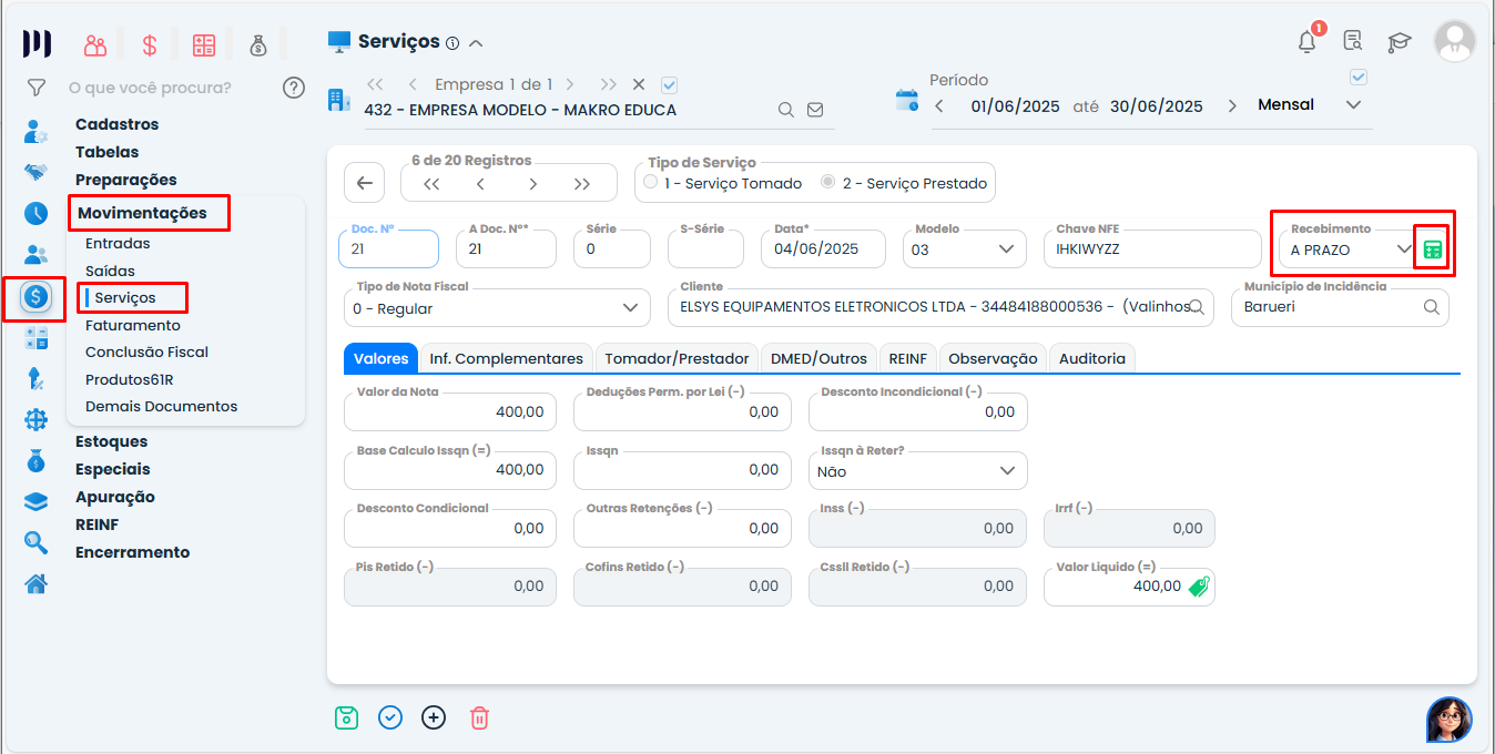 Tela do Sistema Contábil Makro exibindo a nota fiscal na aba Recebimento com acesso à geração da duplicata para Pagamento de Duplicata para Notas Fiscais.