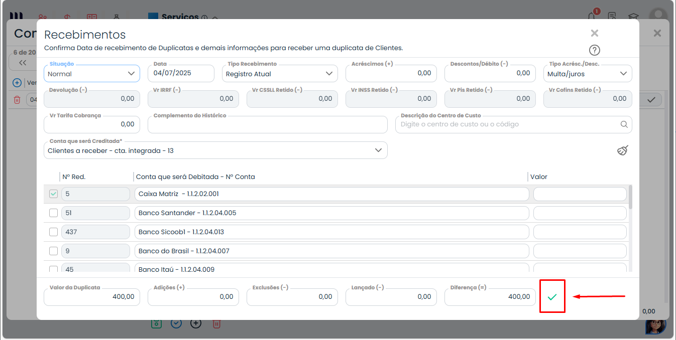 Tela do Sistema Contábil Makro apresentando a confirmação do recebimento da duplicata com preenchimento dos dados para Pagamento de Duplicata para Notas Fiscais.
