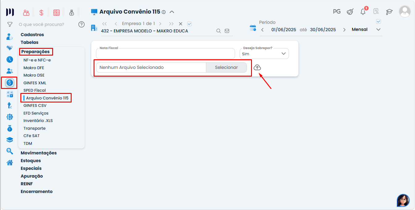 Tela do Sistema Contábil Makro para importar Arquivos do Convênio ICMS em formato TXT, com campo de seleção de arquivo destacado.