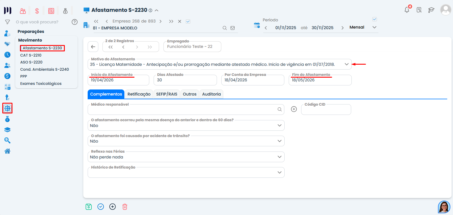 Formulário de Afastamento S-2230 no Sistema Contábil Makro com campos de datas e motivo preenchidos para Licença maternidade.