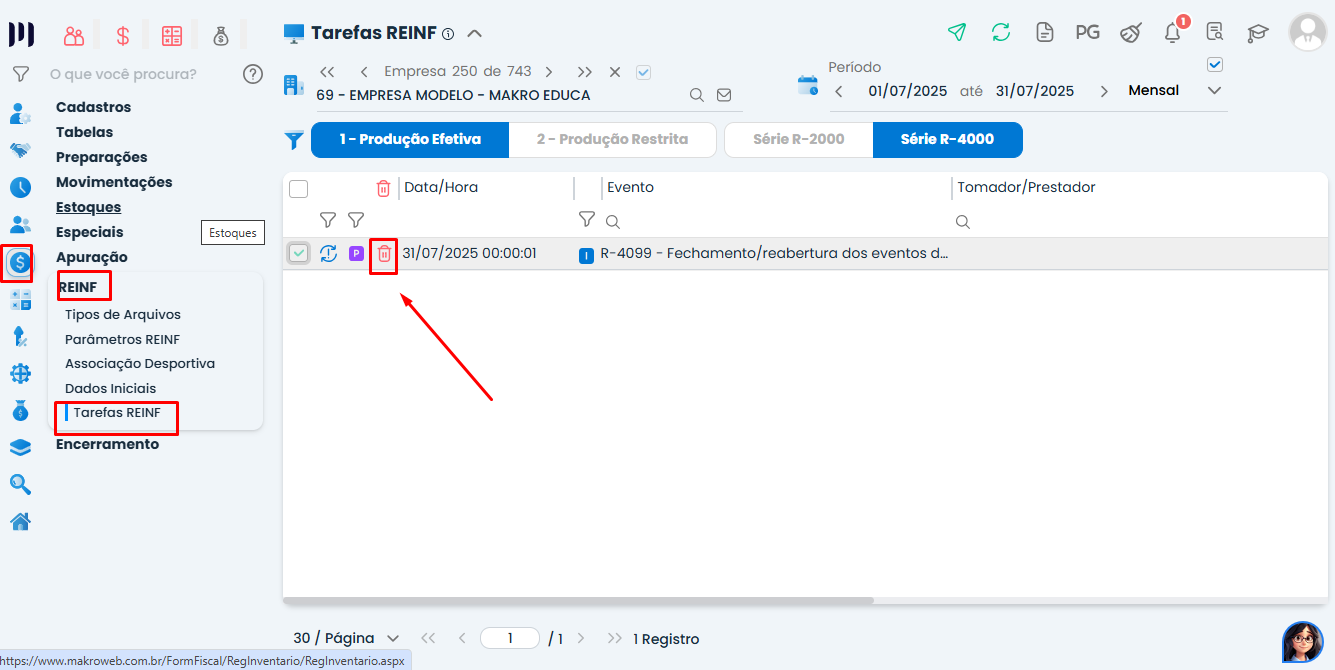 Tela do Sistema Contábil Makro exibindo o menu Fiscal > REINF > Tarefas REINF na Série R-4000 para gerenciamento do R-4099 em Período Sem Movimento.