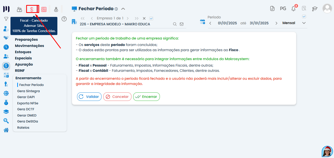 Tela do Sistema Contábil Makro mostrando o Cancelamento do Departamento Fiscal concluído, com status do módulo fiscal em vermelho indicando período reaberto.