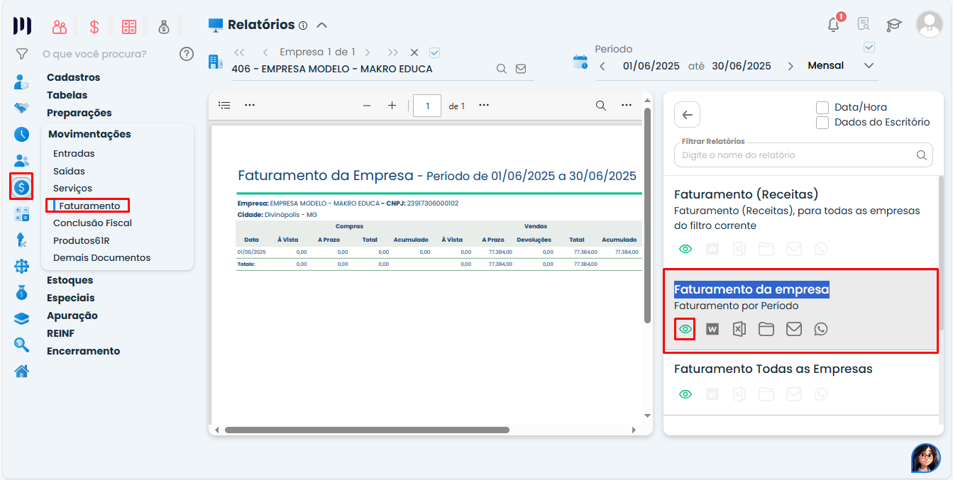 Sistema Contábil Makro exibindo o Relatório de Faturamento, com menu Fiscal, período selecionado e acesso ao relatório de faturamento da empresa.