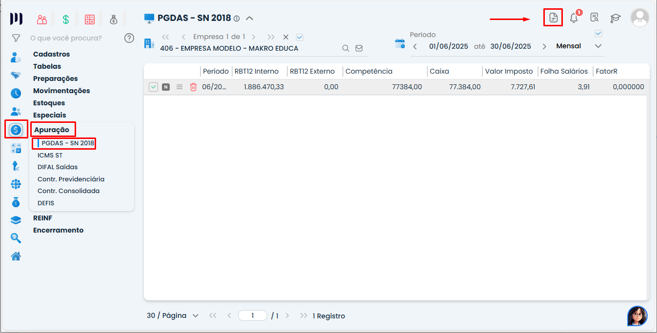 Tela do Sistema Contábil Makro destacando o menu Fiscal > Apuração > PGDAS-SN 2018 e o acesso aos relatórios para Vinculação de SCP.