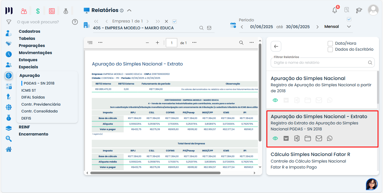 Tela do Sistema Contábil Makro exibindo o relatório Apuração do Simples Nacional - Extrato selecionado para conferência na Vinculação de SCP.