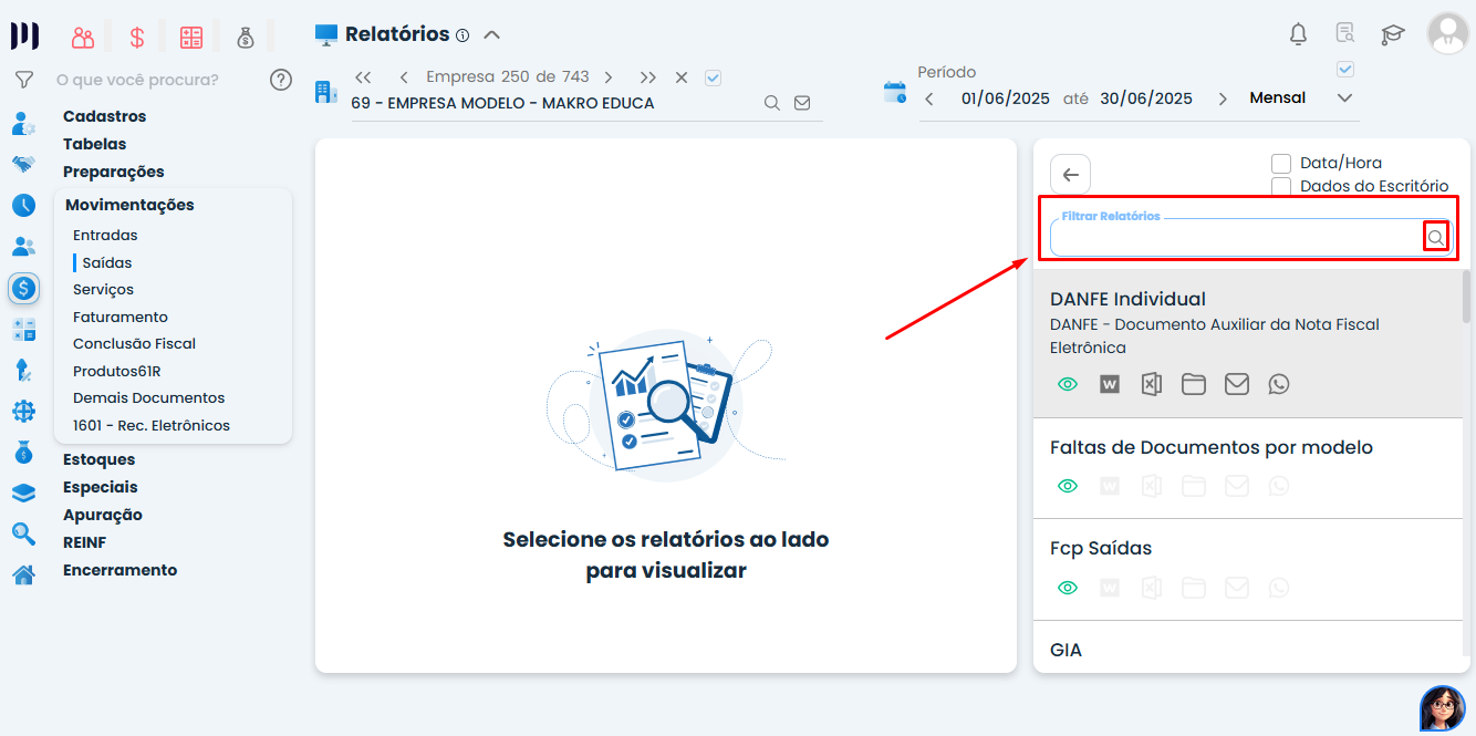 Sistema Contábil Makro mostrando a pesquisa de Relatórios de Saída no campo de filtro, permitindo localizar rapidamente o relatório desejado.