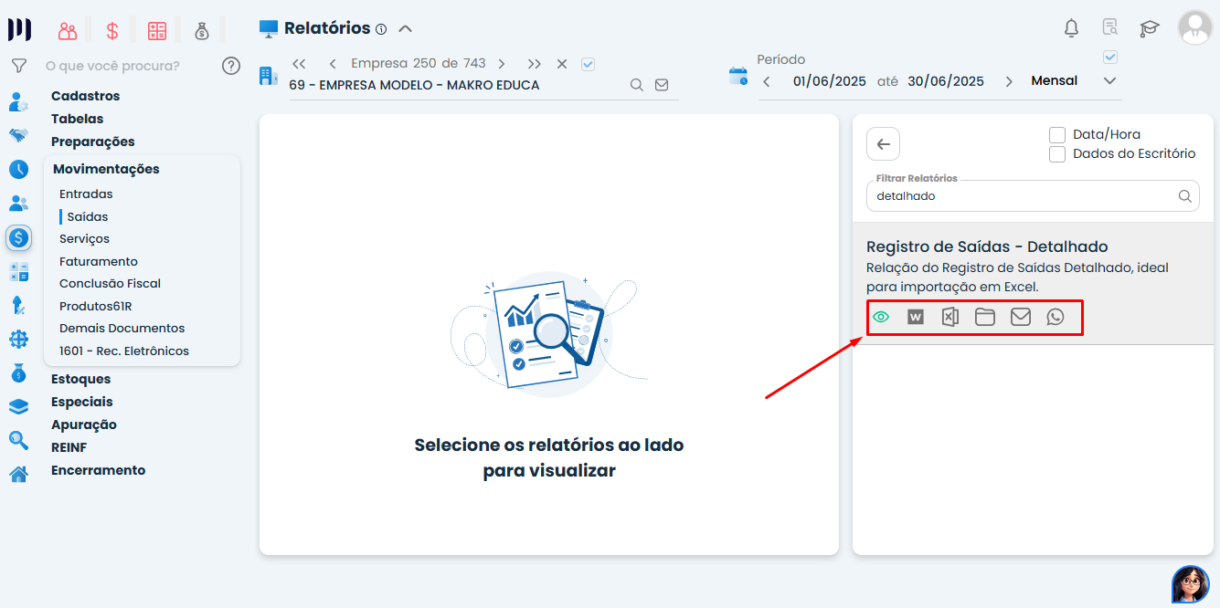Sistema Contábil Makro apresentando os Relatórios de Saída encontrados, com opções para visualizar, exportar e enviar os resultados.
