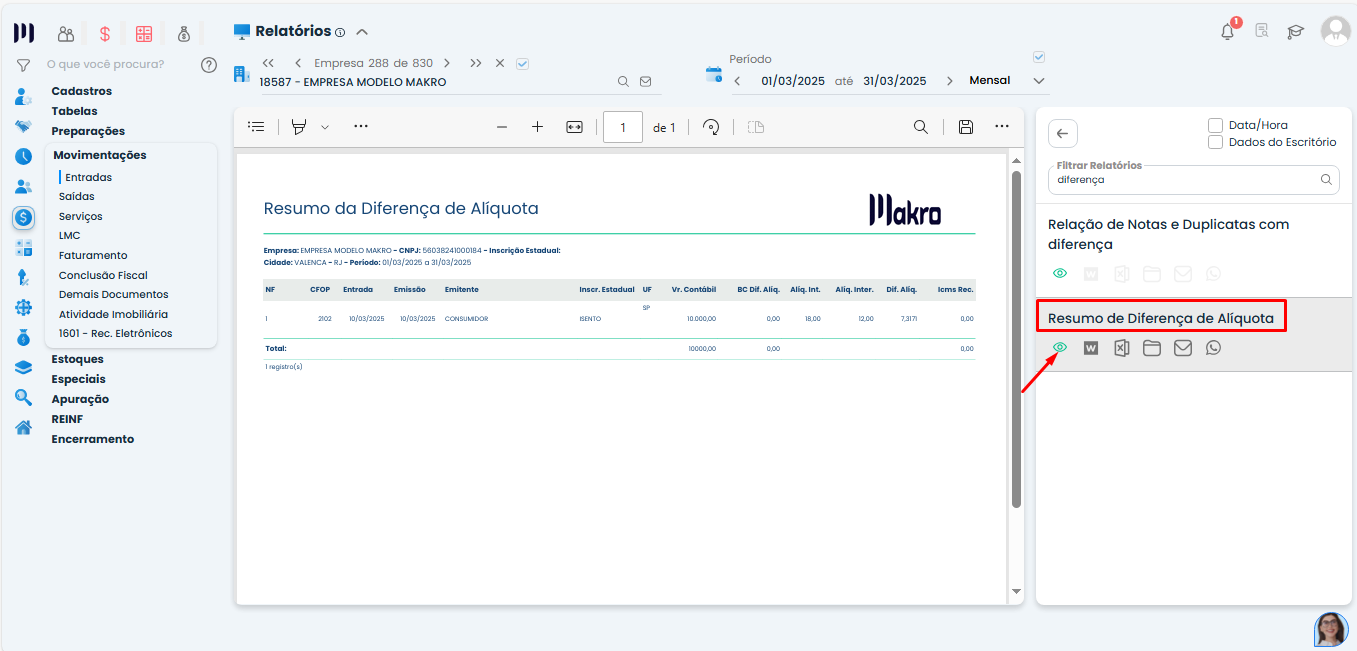 Tela do Sistema Contábil Makro apresentando o relatório Resumo da Diferença de alíquota para conferir os valores calculados do ICMS.