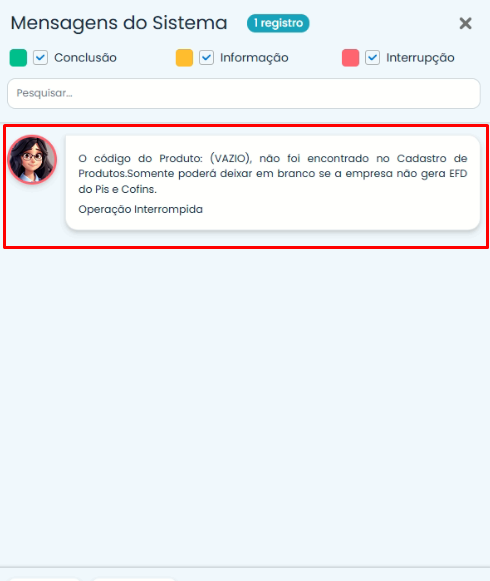 Mensagem de validação do Sistema Contábil Makro informando Produto Vazio, indicando ausência de cadastro do produto de serviço e interrupção da operação.
