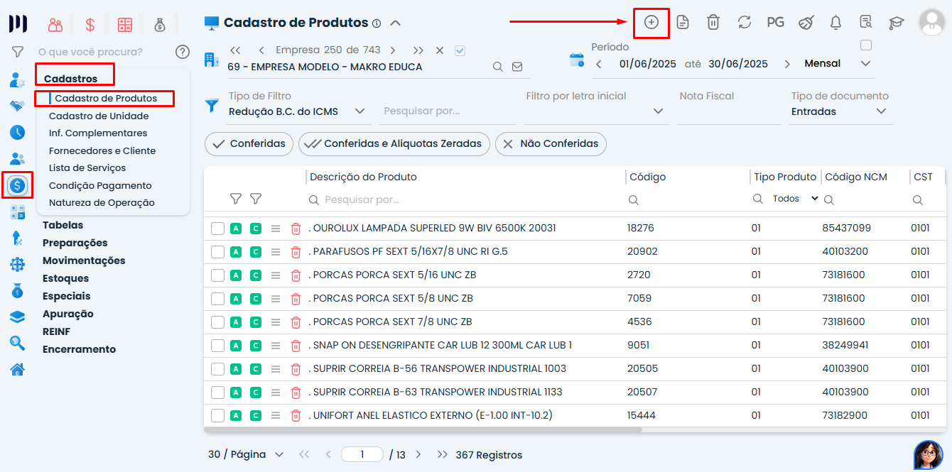 Tela do cadastro de produtos no Sistema Contábil Makro destacando o menu para incluir um novo registro e corrigir o erro de Produto Vazio.