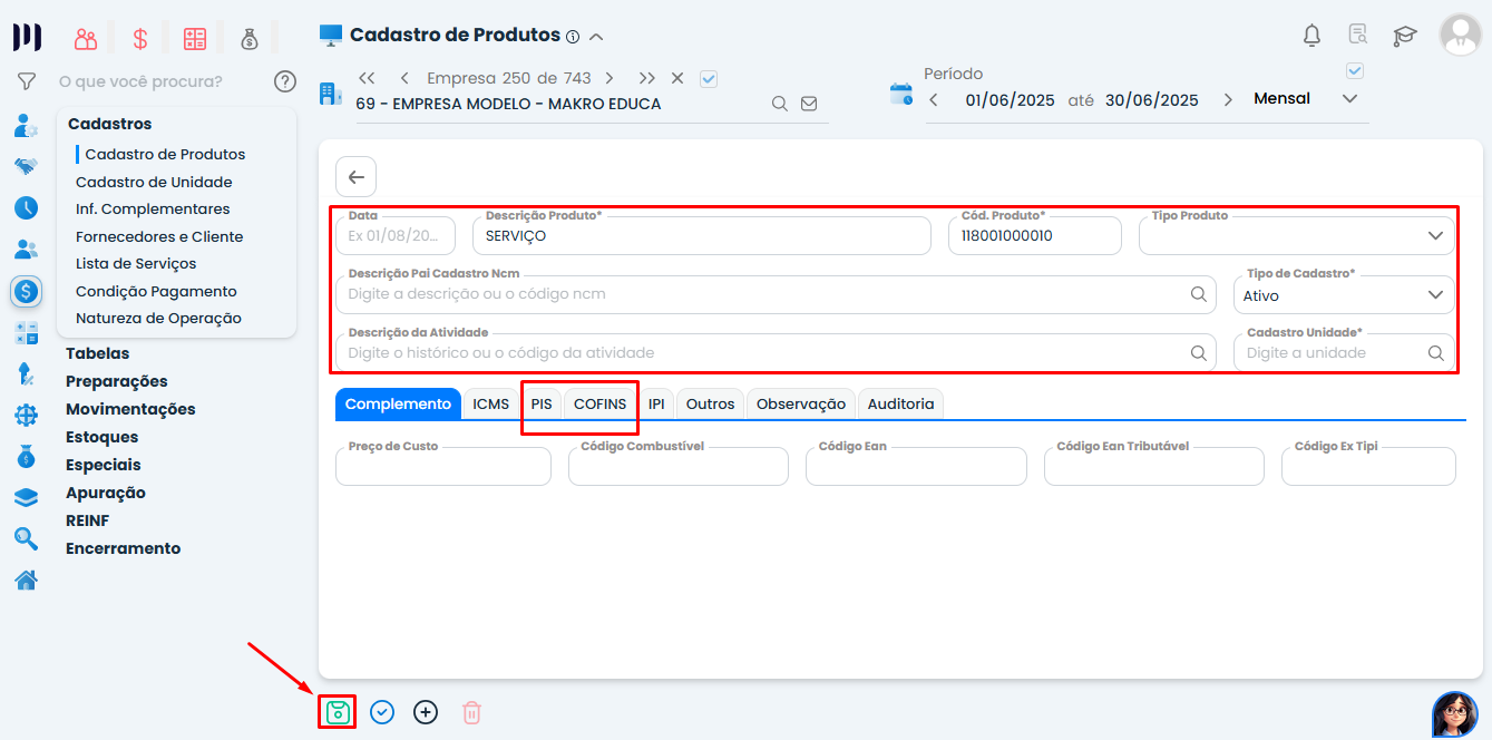 Formulário de cadastro de serviço no Sistema Contábil Makro com destaque para os campos fiscais obrigatórios e correção do Produto Vazio.