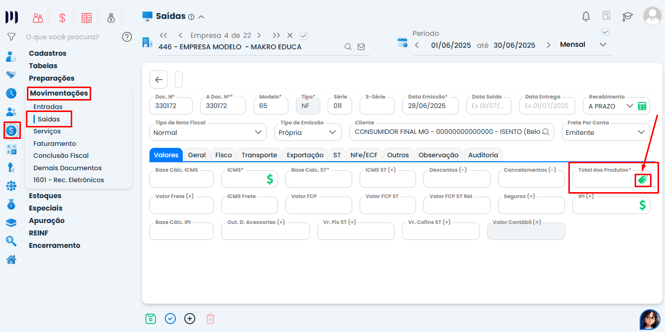 Tela do Sistema Contábil Makro destacando o acesso às opções de produtos na nota fiscal para corrigir o CST-ICMS inválido durante a conferência fiscal.