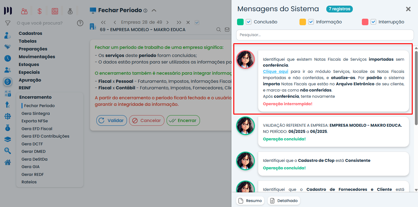 Tela de validação do Sistema Contábil Makro exibindo aviso sobre Notas-fiscais-importadas-sem-conferencia com link para acessar as pendências.