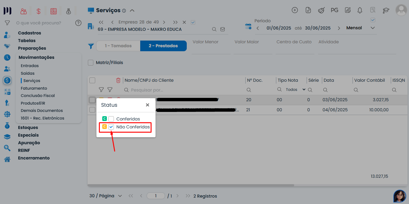 Tela do Sistema Contábil Makro com filtro de status marcando Notas-fiscais-importadas-sem-conferencia para exibir apenas documentos pendentes.